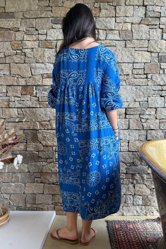 Kasbah Bubble Cotton Bandana Peasant Dress Malibu Blue